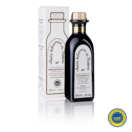Aceto Balsamico di Modena ggA, FM 01, weißer Karton, 250 ml - Edel gereifter Balsamico, ideal zu Parmaschinken und Melone, Wintersalaten, Kalbsleber und Fleischsaucen, sowie für Marinaden Attraktive Geschenkidee in der 250 ml Apothekerflasche