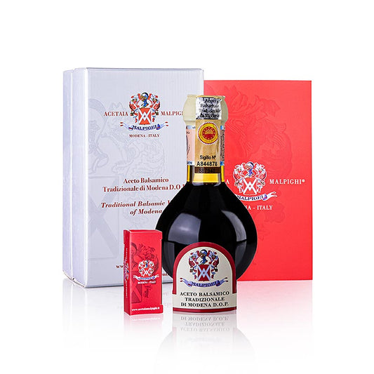 Malpighi 12 Jahre Affinato Aceto Balsamico Tradizionale DOP in Geschenkbox aus Modena, Italien, 100 ml, würziger Geschmack mit harmonischer Süße, kandierte Früchte, Holzfass und Tabaknoten, dickflüssig (6% Säure)