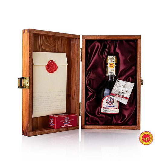 Aceto Balsamico Tradizionale DOP/gU, Ciliegio, 50 Jahre, Geschenkbox, Malpighi, 100 ml - 100 ml Flasche mit 50 Jahre gereiftem, in verschiedenen Holzfässern gelagertem Ciliegio in ansprechender Geschenkverpackung