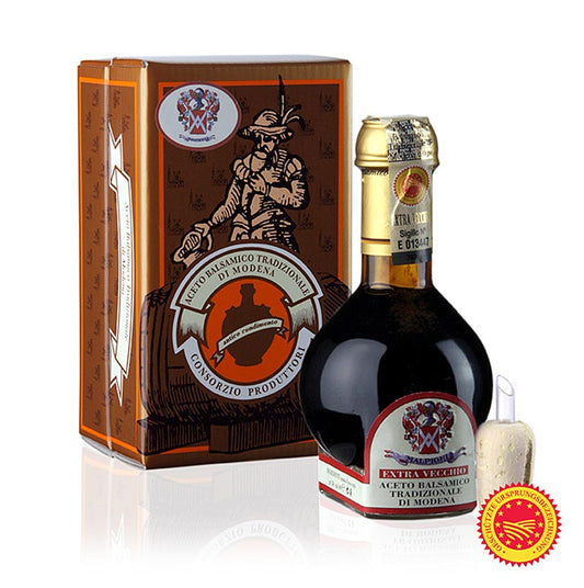 Aceto Balsamico Tradizionale DOP/gU, Extravecchio, 25 J, Geschenkbox, Malpighi, 100 ml - Hochwertiger und intensiver Aceto aus Modena, Italien, hergestellt von der Fa Malpighi, bestehend aus einer Mischung von 4 Traubensorten und mit einem mindestens 25-jährigen Reifeprozess in verschiedenen Holzfässern gelagert, in einem ansprechenden Geschenkkarton geliefert