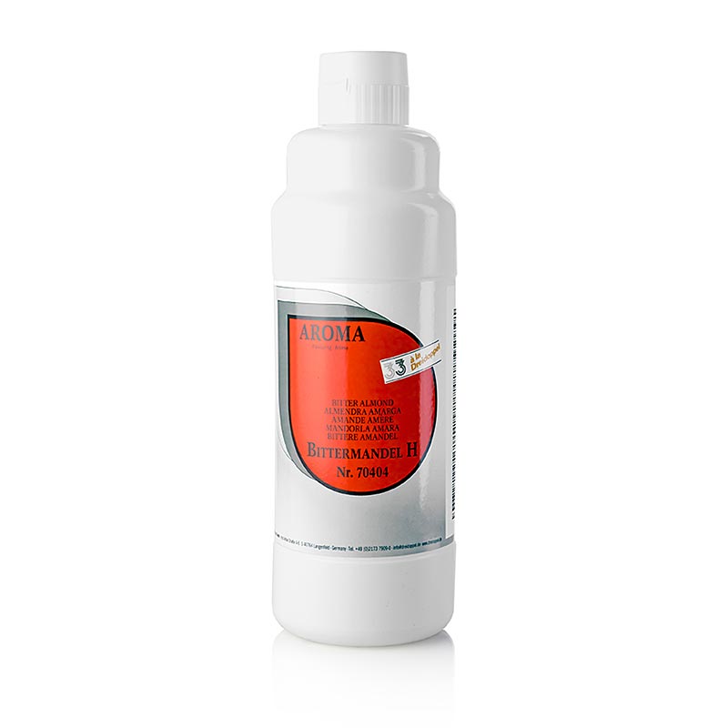 Produkt Bittermandel-Aroma, Dreidoppel, No704, 1 l zur Aromatisierung von Cremes, Sahne, Eis, Desserts, Pralinen, Kuchen, Quark und Gebäcken Enthält Aromaextrakte, natürliche Aromastoffe, Glukose- und Invertzuckersirup