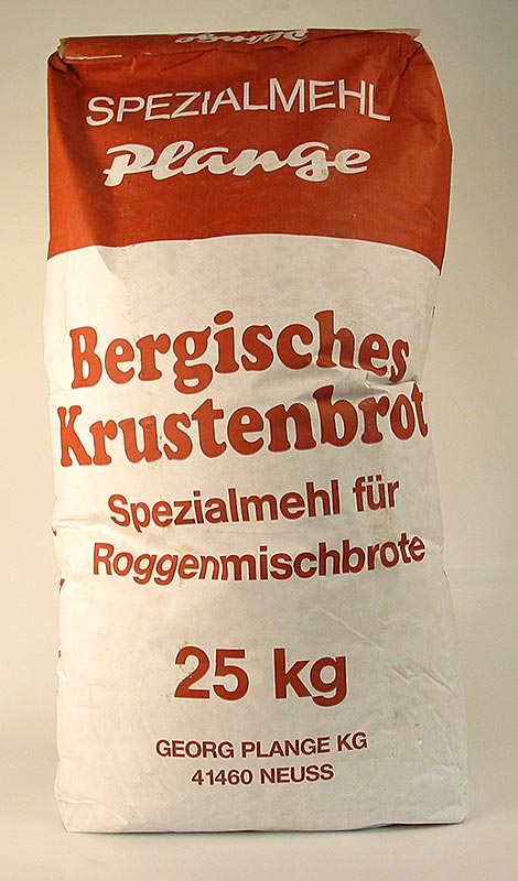 Bild einer 25-kg-Packung der Brot Backmischung Bergisches Krustenbrot, ideal für die Herstellung von Roggenmischbroten Einfach Hefe und Wasser hinzufügen, mit Knet- und Backanleitung auf der Packung Passt perfekt zu geräuchertem Schinken, Käse, Hering und kaltem Fleisch