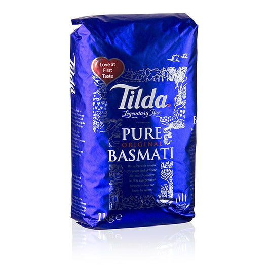 Basmati Reis von Tilda, 1 kg, ideal als duftige Beilage zu würzigen Gerichten, mit nussigem Aroma und einfach zuzubereiten nach traditionellem Rezept