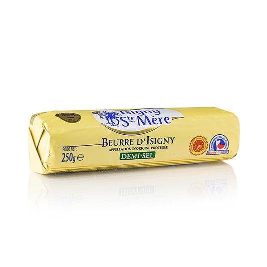 Salzbutter Beurre d´Isigny Demi Sel, Frankreich, 250 g - Feinschmecker prämierte, leicht gesalzene Butter mit 2% Rahm aus der Region Isigny, Appellation D´Origine Controlée, hergestellt durch Aufschlagen von Sahne und Zugabe von Salz zur längeren Haltbarkeit