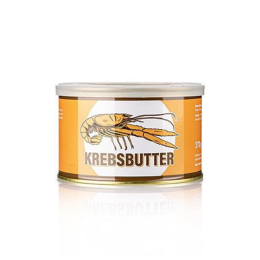 Krebsbutter, 370 g - Fein gemahlene Reste von gekochten Süßwasserkrebsen, vermischt mit 75% Butter, 15% Speisefett, Paprika und natürlichen Aromastoffen zur Verfeinerung von Krebsgerichten