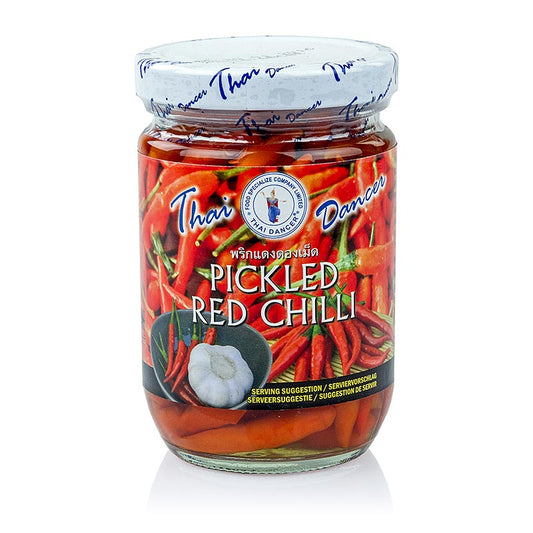 Eingelegte kleine rote Chili Schoten in Essig, 200 g, schärfstes Gewürz in der Küche, vorsichtig beim Würzen sein, Schärfe nimmt beim Kochen zu, geeignet zum Anrösten und als Würzmittel verwenden