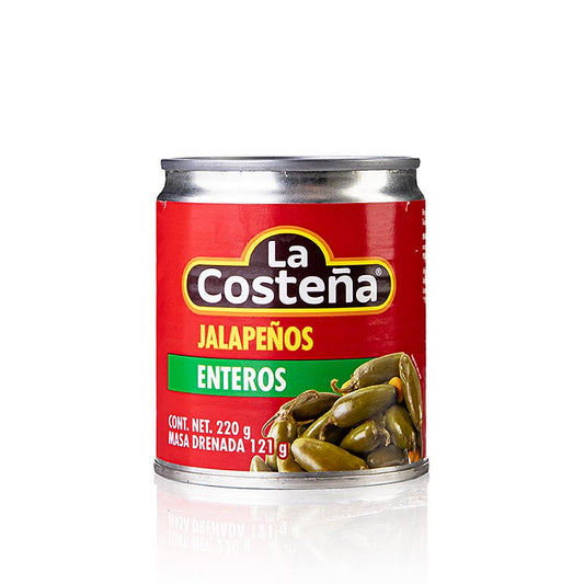 La Costena Jalapenos, ganz, in Essig eingelegte grüne Chilis mit Pflanzenaroma und mittelscharfem Geschmack, ideal für Salsas, Suppen, Saucen, Dips oder Schmorgerichte, perfekt zu Bier oder Wein gereicht
