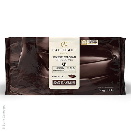 Zartbitterschokoladenblock für Pralinen mit 54,5% Kakao, ideal zum Füllen, Überziehen und Dekorieren von Backwaren und Desserts Enthält Zucker, Kakaobutter, Kakaomasse, Sojalecithin und Bourbon Vanille