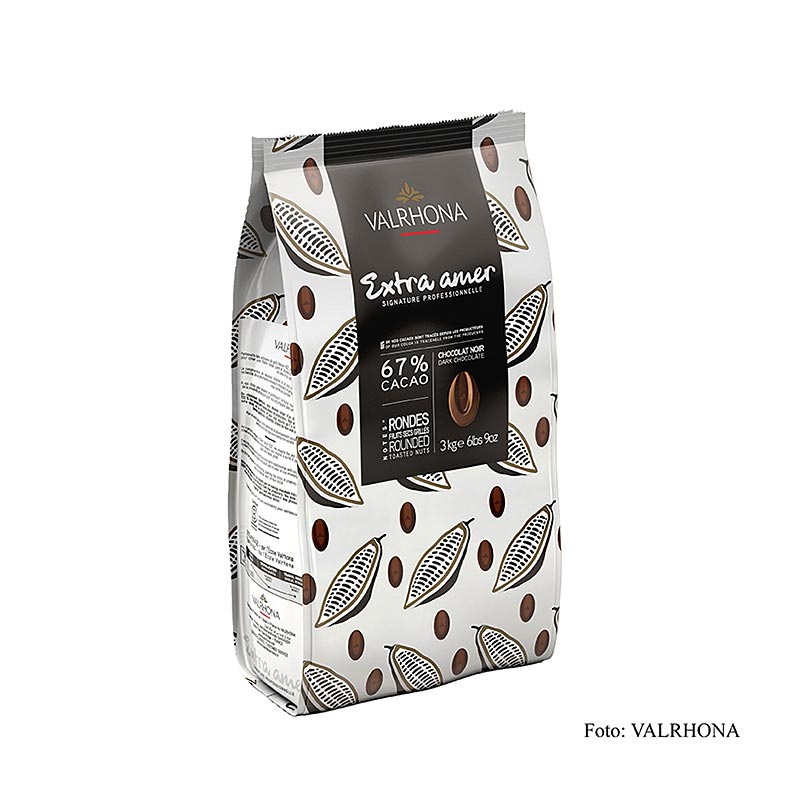 Valrhona Extra Amer, dunkle Couverture, Callets, 67% Kakao, 3 kg - Schokoladen-Callets mit 67% Kakao, sehr kräftig und bitter im Geschmack, ideal für Mousse
