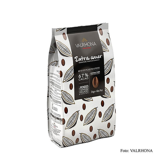 Valrhona Extra Amer, dunkle Couverture, Callets, 67% Kakao, 3 kg - Schokoladen-Callets mit 67% Kakao, sehr kräftig und bitter im Geschmack, ideal für Mousse