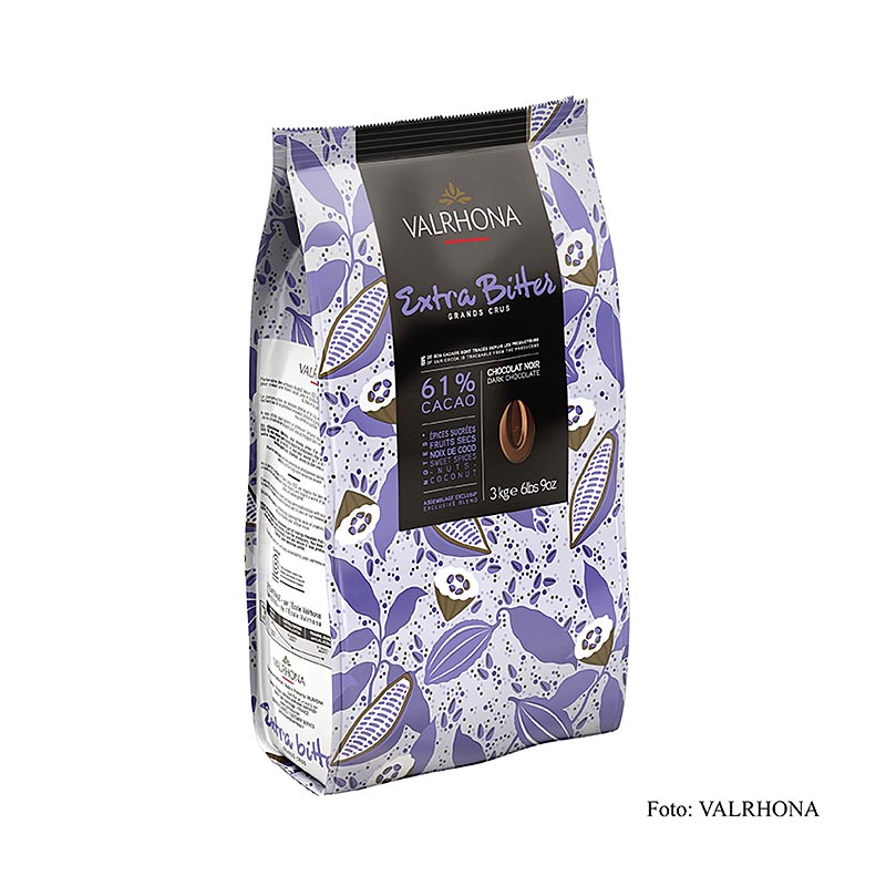 Dunkle Couverture Valrhona Extra Bitter, 61% Kakao, ideal zum Überziehen von Pralinen und Füllen von Schokoladenwaren