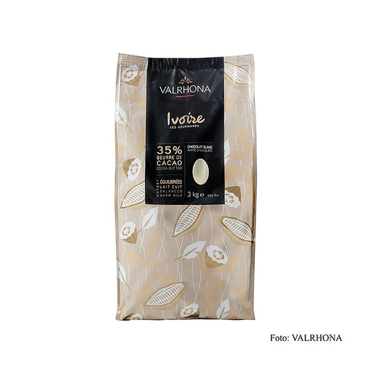 Weiße Couverture Valrhona Ivoire, 3 kg, 35% Kakaobutter, leicht gesüßt, zarte Milcharomen, für Konditorwaren, Formen, Füllungen, Schokoladenwaren, Eisherstellung, Pralinenüberzug