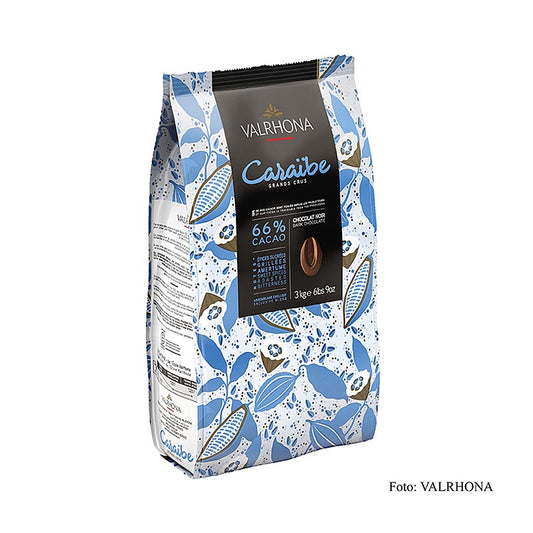 Valrhona Pur Caraibe Grand Cru dunkle Couverture, Callets, 66% Kakao, 3 kg - Hochwertige dunkle Schokolade aus der Karibik, ideal zum Überziehen, Füllen und Dekorieren, mit mild-warmen Aromen von Trockenfrüchten