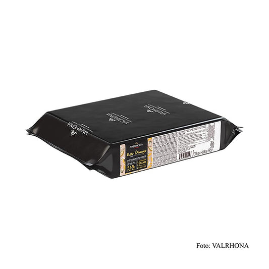 Valrhona Noir Orange - Zartbittere Couverture mit 53% Kakao und Orangennote, ideal zum Überziehen und Dekorieren von Backwaren sowie zum Füllen von Pralinen geeignet