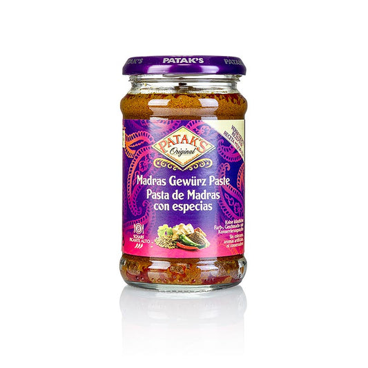 Indische scharfe Curry-Gewürzpaste von Patak´s, ideal für Rind-, Lamm- oder Hühnerfleisch, Zubereitung mit 500g Fleisch, köcheln lassen und mit Reis servieren