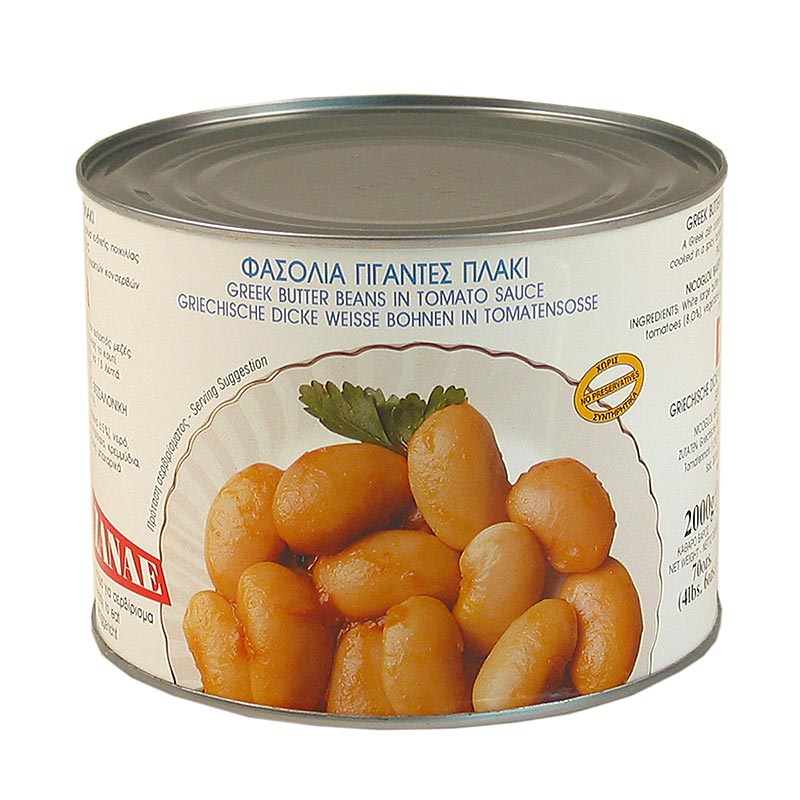 Griechische Riesenbohnen in Tomatensauce von Palirria, 2 kg, als Beilage für Schweinefleischgerichte geeignet