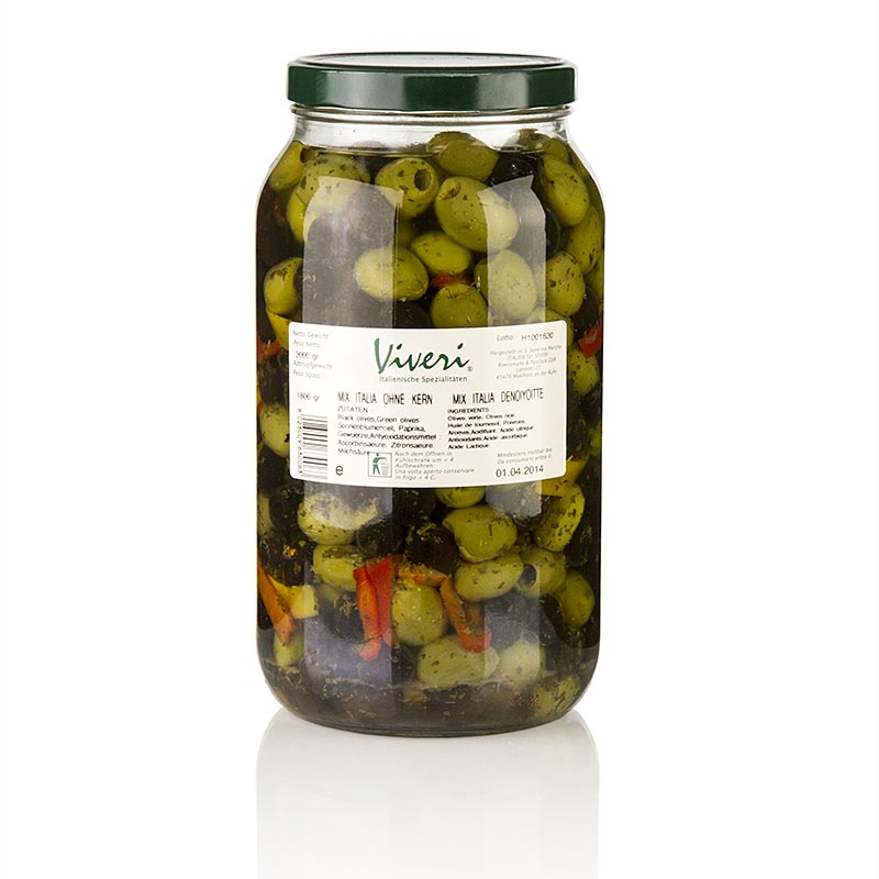 Oliven Mischung, grüne & schwarze entsteinte Oliven, pikant eingelegt, Viveri, 3 kg - hochwertige mediterrane Olivenmischung für Antipasti, Salate und mehr