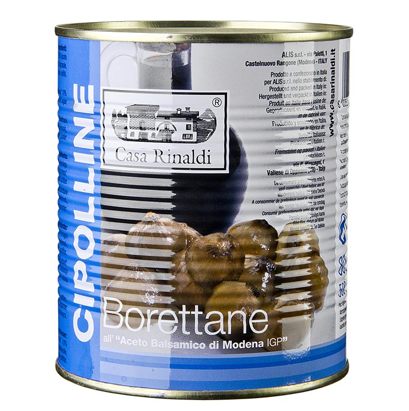 Ganze Cipolline Borettane Zwiebeln in Aceto Balsamico mit ungleichmäßiger Stückgröße, süß-saurem Geschmack und dunkler Farbe als perfekte Beilage zu Wurst, Schinken oder Käse, ca 37 Stück, 800 g