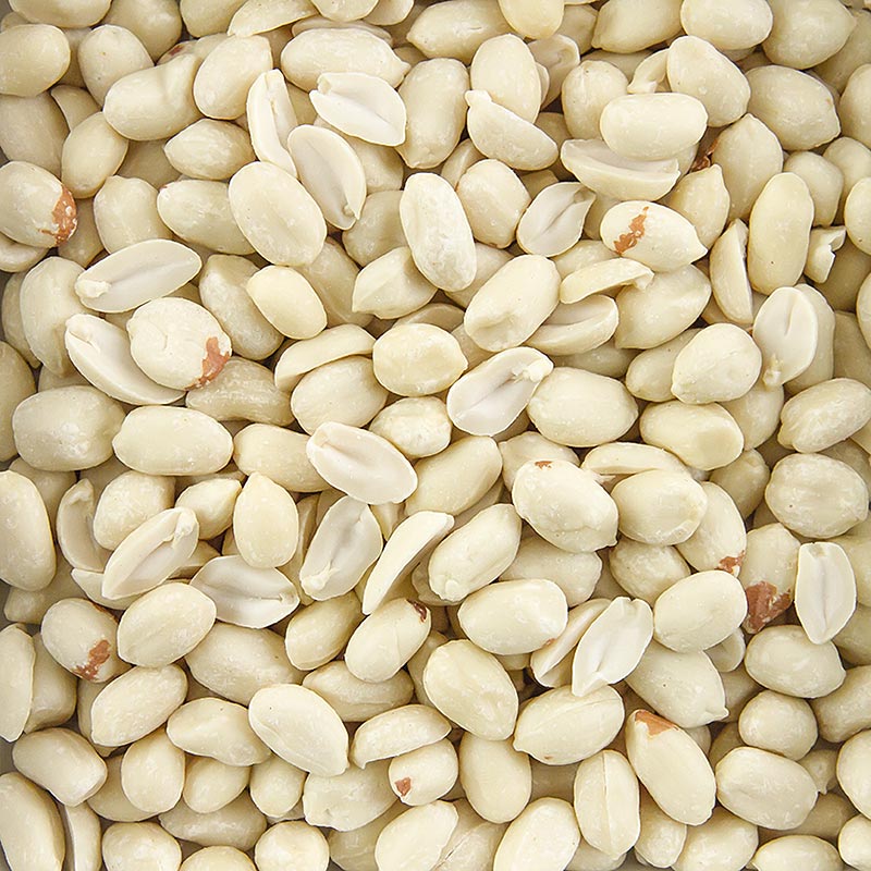 Bild eines 1 kg Behälters mit ungerösteten und ungesalzenen Erdnüssen ohne Schale, mit einer längeren Beschreibung der botanischen Zuordnung, Röstbarkeit und Nährstoffzusammensetzung der Erdnüsse