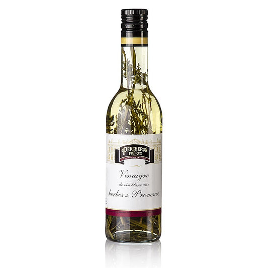 Flasche mit 500 ml Essig mit Kräutern der Provence von Percheron, hergestellt aus Burgunderweinen, würzig im Geschmack und besonders aromatisch durch provenzalische Kräuter, geeignet für Salate und helle Saucen, harmoniert gut mit kräftigen, pikanten Olivenölen aus der Provence