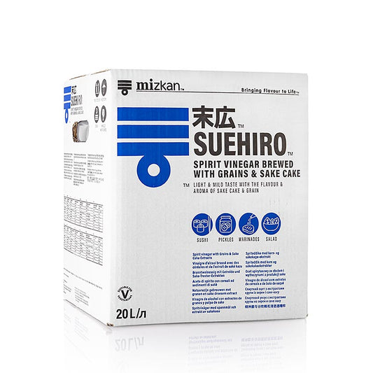 Sushi Reiswein-Weizenessig, Suehiro, mit Salz, Mizkan, 20 l - Essig aus Weizen, Sake, Reis und Maisextrakten, samtig mild, duftig, mit Malz- und Honignote, unerlässlich für Sushi-Reis und süß-saure Geschmacksrichtungen in Dressings, Marinaden, Saucen, Dips und Reisgerichten