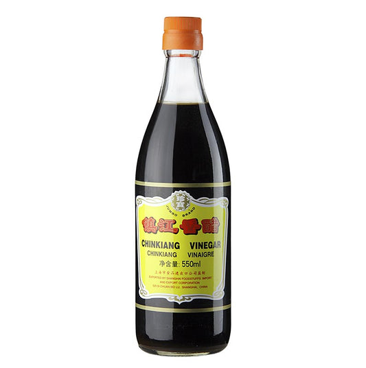 Schwarzer Reis Essig - Chinkiang Essig aus China, 550 ml Flasche, ideal zum Marinieren von Fleisch und Ente, Würzen von dunklen Saucen, gedünstetem Gemüse und als Dip