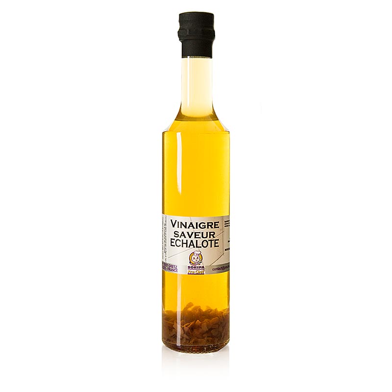 Ein Glasflasche mit 500 ml weißem Schalotten-Essig von Soripa, ideal zum Würzen von Saucen und Salatdressings