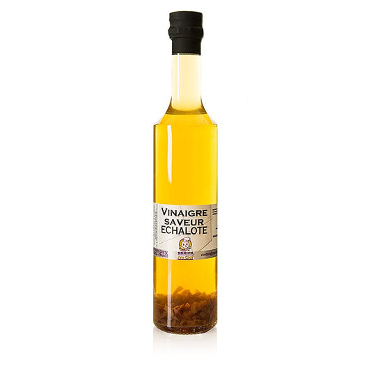 Ein Glasflasche mit 500 ml weißem Schalotten-Essig von Soripa, ideal zum Würzen von Saucen und Salatdressings