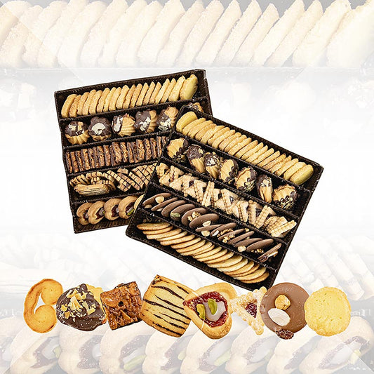 Teegebäck Mix, 8 Sorten, mit echter Butter gebacken, wie selbstgemacht, 1 kg, ca152 St - Mischung von 9 Sorten feinstem Teegebäck, darunter Himbeerecken, Butter-Öhrchen, Studententaler, Pistazienzungen, Florentiner, Pariser-Herzen, Bärentatzen, Kakaomandelstreifen und Heidesand
