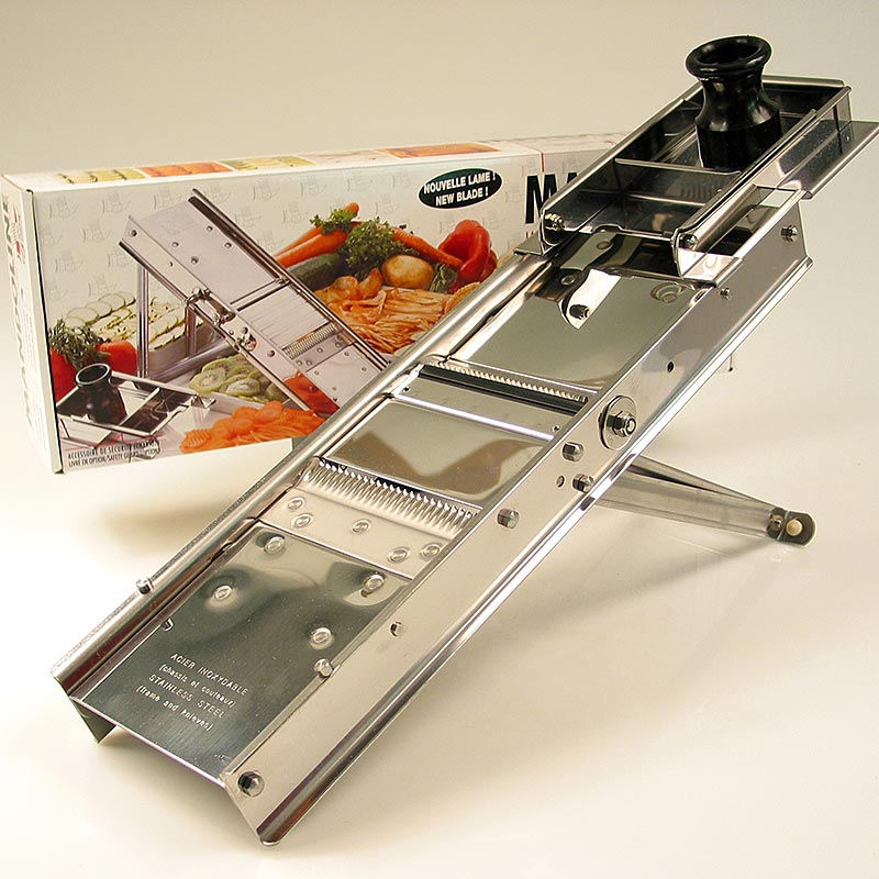 Gemüseschneider Mandoline CLASSIQUE komplett, Edelstahl, Messer glatt+gewellt, Julienne 3+10mm, mit Schutzschlitten, zur Herstellung von glatten, stäbchenförmigen, gewellten und zierlichen Gemüseschnitten