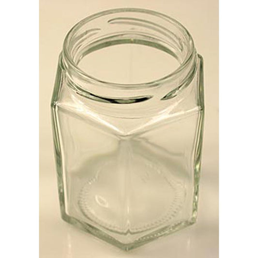Glas mit sechseckiger Form, 191 ml Fassungsvermögen, ø 58mm Mündung, ohne Deckel, ideal zum Einmachen von Konfitüren, Gelees, Aufbewahrung von Gewürzen und Kräutern Passende goldfarbene Deckel unter Art 10517 und weiße Deckel unter Art 25710 erhältlich