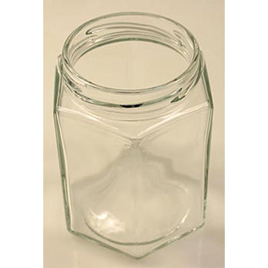 Sechseckiges Glas mit einem Fassungsvermögen von 287 ml und einem Durchmesser von 63 mm, ohne Deckel, vielseitig in der Küche verwendbar für Einmachen, Aufbewahrung von Gewürzen und Kräutern Finde passende goldene Deckel unter Art 10518 und weiße Deckel unter Art 17920