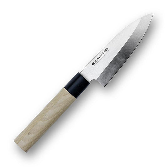 Global Bunmei 1801-105 Deba Messer, Honoki Holzgriff, 10,5cm, 1 St - traditionelles japanisches Kochmesser mit rutschfestem Honoki-Holzgriff, extrem scharfer Molybdän-Vanadium-Stahlklinge, einseitigem Schliff, ideal für Fisch, Gemüse und Fleischstücke
