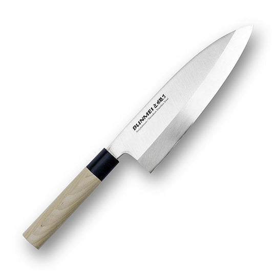Global Bunmei 1801-195 Deba Messer, Honoki Holzgriff, 19,5cm, 1 St - Traditionelles japanisches Kochmesser mit rutschfestem Griff aus Honoki-Holz und extrem scharfer Klinge aus Molybdän-Vanadium-Stahl, geeignet für Fisch, Gemüse und Fleischstücke