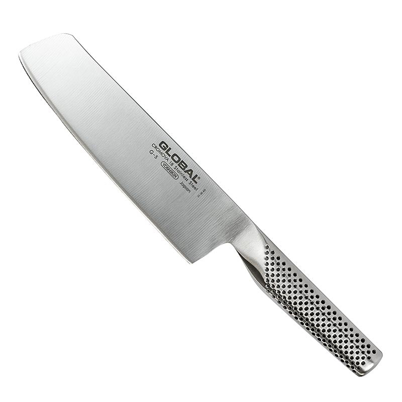 Global G-5 Universalmesser, zum Hacken, abgerundet, 18cm, 1 St - Hochwertiges, leichtes und extrem scharfes Küchenmesser für das Schneiden von Schnittlauch, Zwiebeln und Basilikum, hergestellt aus Molybdän-Vanadium Stahl und mit einem ausbalancierten Edelstahlgriff