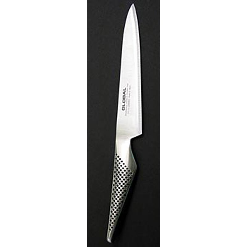 Global GS-13 Orangen-/Zitronenmesser, 15cm, 1 St - Bild eines Global GS-13 Orangen-/Zitronenmessers, geeignet zum Schneiden von Zitrusfrüchten, aus Molybdän-Vanadium Stahl, mit Edelstahlgriffen und Sandkörnern für perfekte Balance, langlebig bei richtiger Pflege