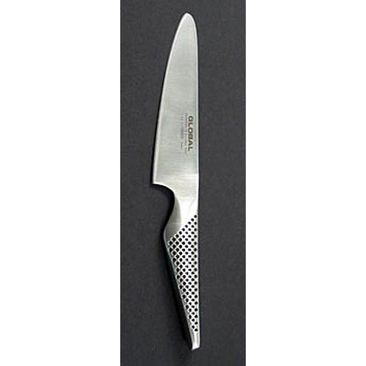 Global GS-2 Mittleres Universalmesser, abgerundete Spitze, 13cm, 1 St - Bild eines Global GS-2 Mittleres Universalmessers mit abgerundeter Spitze, 13cm, ideal zum Schneiden von mittelgroßem Obst wie Mango, Papaya und Avocados, aus Molybdän-Vanadium Stahl gefertigt und mit Edelstahlgriff für perfekte Balance