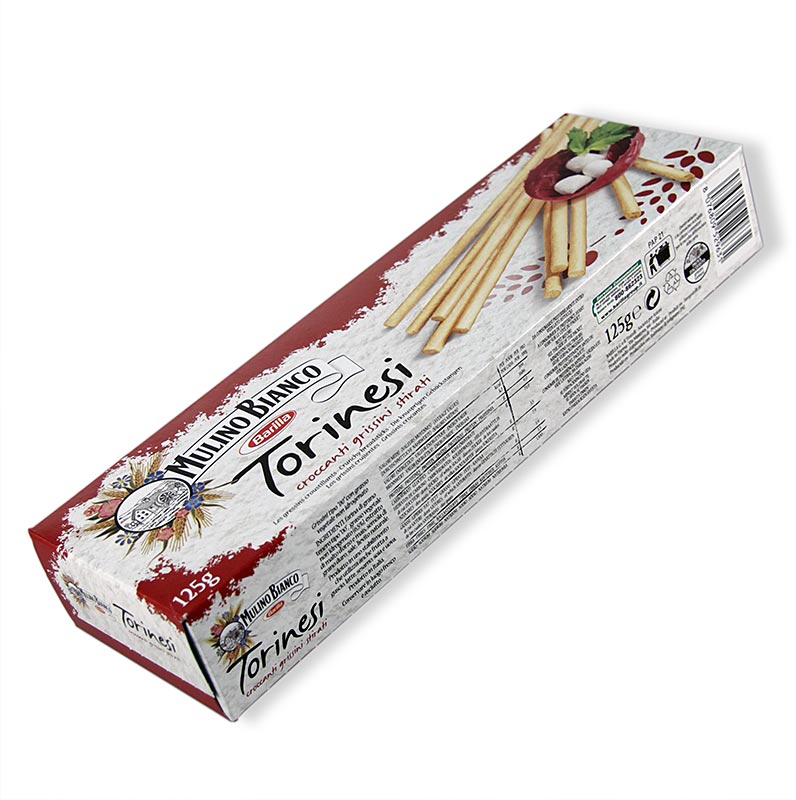 Zwei Tüten mit je ca 18-20 köstlich knusprigen Grissini Torinesi, 125 g, ideal zum Dippen am Buffet oder als kleiner Snack zu Wein und Bier