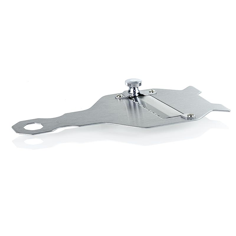 Truffle slicer made of stainless steel with wavy blade and square head (English)