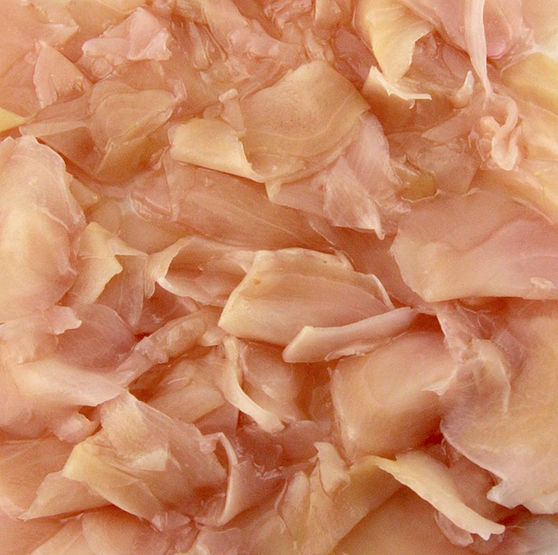 Eingelegter rosa Ingwer aus Japan, süßlich, pikant und scharf, als Sushi Gari bekannt, beliebt als Beilage zu Sushi oder Sashimi und in der asiatischen Küche zur Verwendung in verschiedenen Gerichten wie Fleisch, Saucen, Fisch, Reis und Suppen