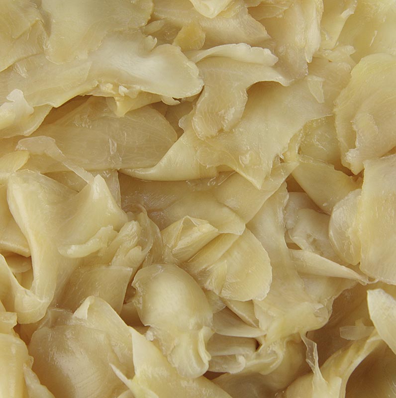 Eingelegter gelber Ingwer aus Japan, süßlich, pikant und prickelnd scharf, als Beilage zu Sushi oder Sashimi und zum Würzen von Fleisch, Saucen, Fisch, Reis und mehr in der asiatischen Küche verwendet