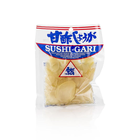 Eingelegter süß-scharfer Ingwer (Sushi Gari) aus Japan, 110 g, ideal als Beilage zu Sushi, Sashimi und anderen asiatischen Gerichten Wird zum Würzen von Fleisch, Saucen, Fisch, Meeresfrüchten, Reis, Tofu und Suppen verwendet