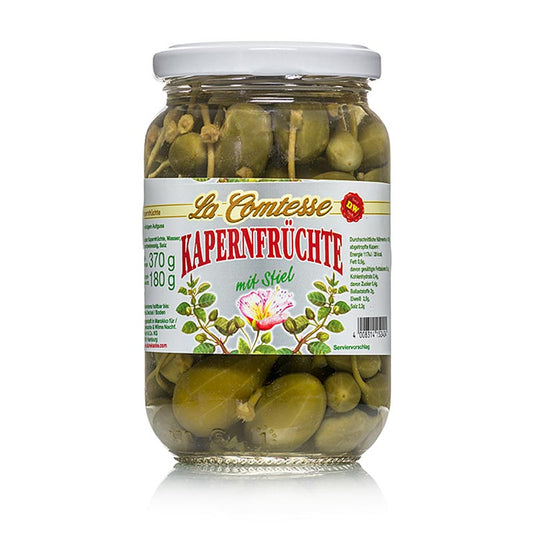 Kapernfrüchte, groß, mit Stiel, 18mm, La Comtesse, 370 g - Köstliche, 18mm große Kapernfrüchte mit Stiel, 370 g, von La Comtesse