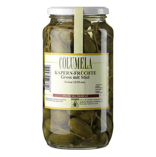 Eingelegte Kapernfrüchte mit Stiel, mittelgroß, ø 15-18mm, 950 g, ideal als Beilage zu Salaten und Saucen in der mediterranen Küche