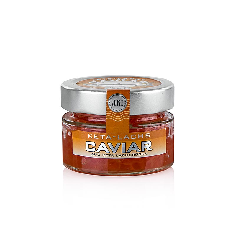 Keta-Kaviar, vom Lachs, 100 g - Hochwertiger Kaviar aus weiblichem Lachsrogen, ideal für Kräuterrahmsuppe und als essbare Dekoration für kalte Platten geeignet, mit charakteristischem Eigengeschmack