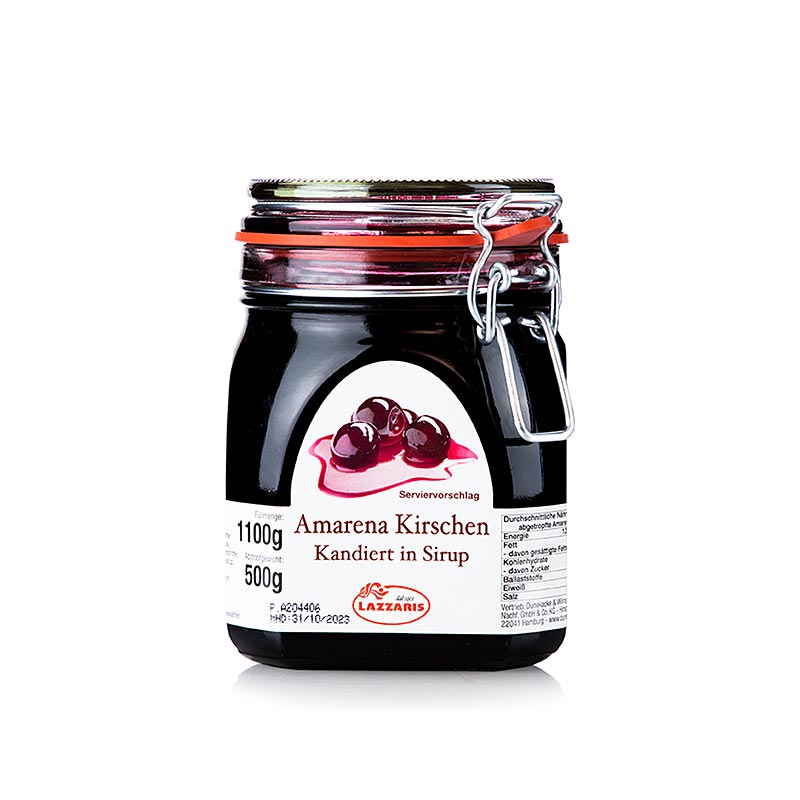 1,1 kg of Amarena-Kirschen (sour cherries) preserved in sweet syrup, perfect for desserts and baking (English)