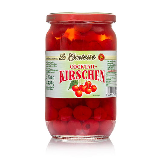 Rote Sauerkirschen in stark gezuckertem Sirup, ideal zum Dekorieren von Cocktails, Desserts und kalten Platten, 770 g