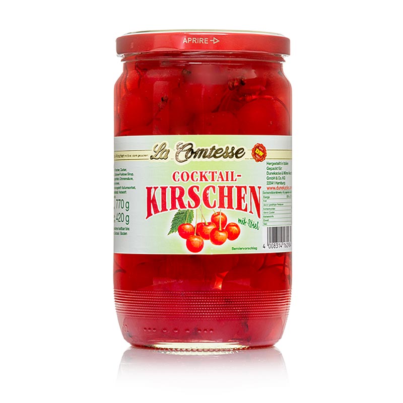 Eingelegte rote Cocktail-Kirschen mit Stiel in stark gezuckertem Sirup, ideal zum Dekorieren von Cocktails, Desserts und kalten Platten