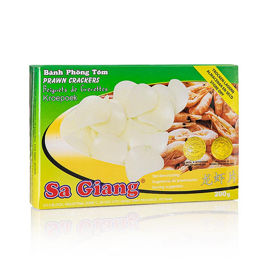 Kroepoek mit Garnelen, ungebacken, Sagiang, 200 g - Traditionelle getrocknete Tapiokascheiben mit gemahlenen Garnelen, die sich beim Aufbacken in heißem Öl mehr als verdoppeln und sowohl zur Reistafel als auch zu Wein, Bier oder Spirituosen genossen werden können