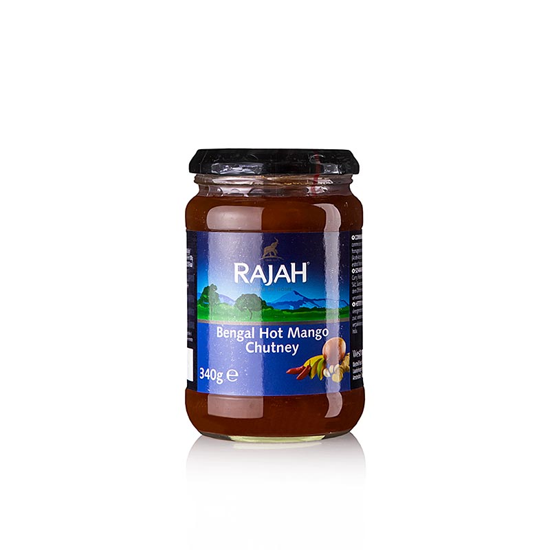 Rajah Hot Mango Chutney, 340 g, scharfes indisches Chutney aus 46% Mangos, Zucker, Chilipulver, Knoblauch und Ingwer, ideal zur Ergänzung indischer Gerichte oder zu kaltem, gebratenem Fleisch und Käse